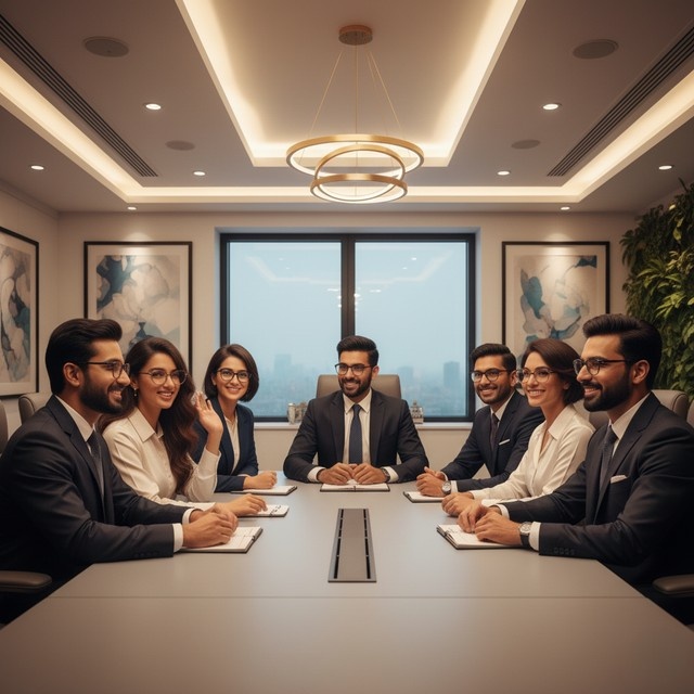 Professionals in an office meeting wearing computer glasses with blu-cut lenses