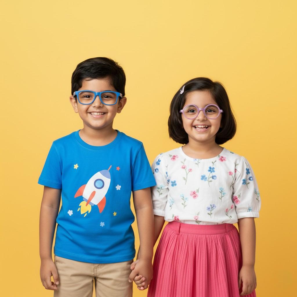 A smiling child in durable kids eyewear from Aura